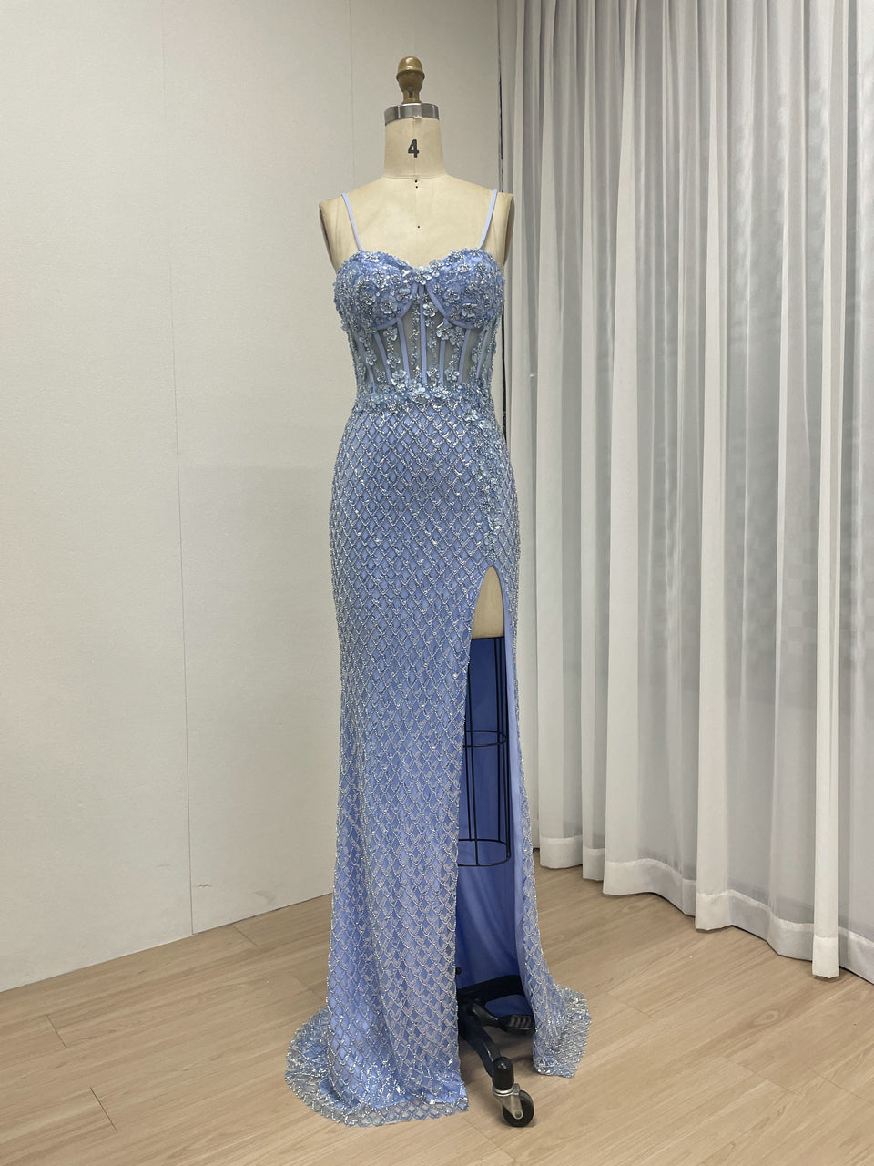 Chic Style Blue Spaghetti Strap With Intricate Beading and 3D Floral Evening Gown for Formal Occasion MB40367