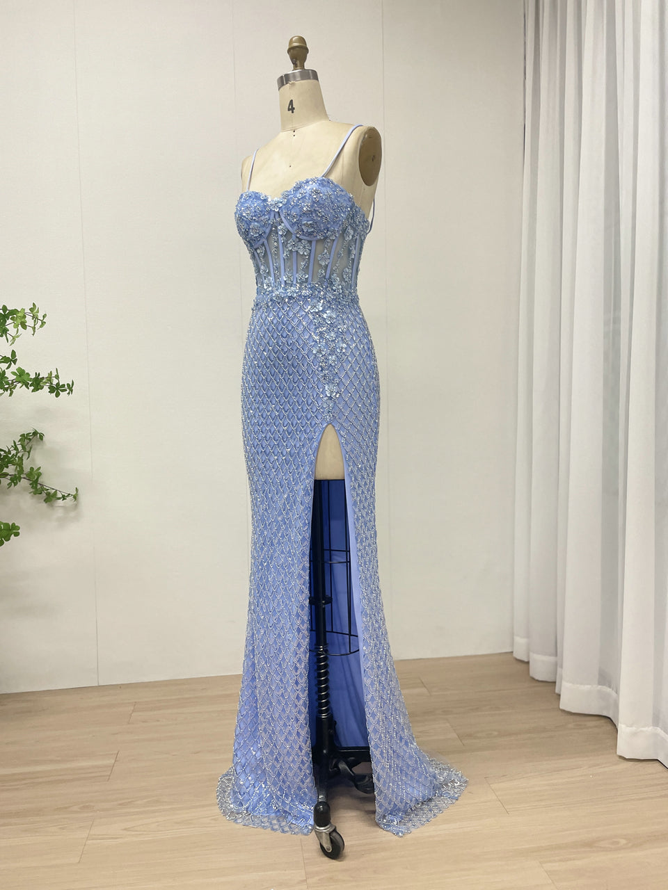 Chic Style Blue Spaghetti Strap With Intricate Beading and 3D Floral Evening Gown for Formal Occasion MB40367