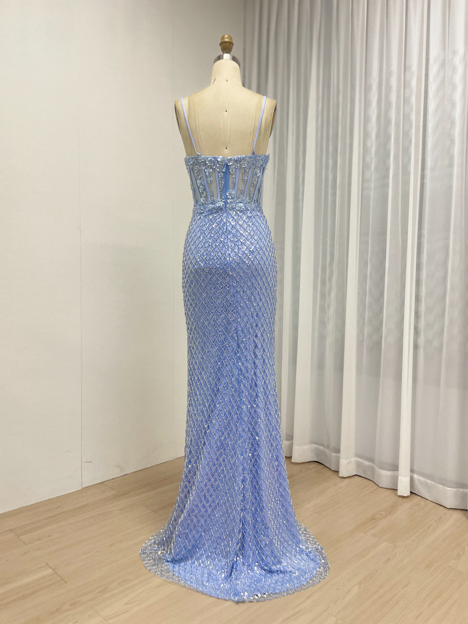 Chic Style Blue Spaghetti Strap With Intricate Beading and 3D Floral Evening Gown for Formal Occasion MB40367