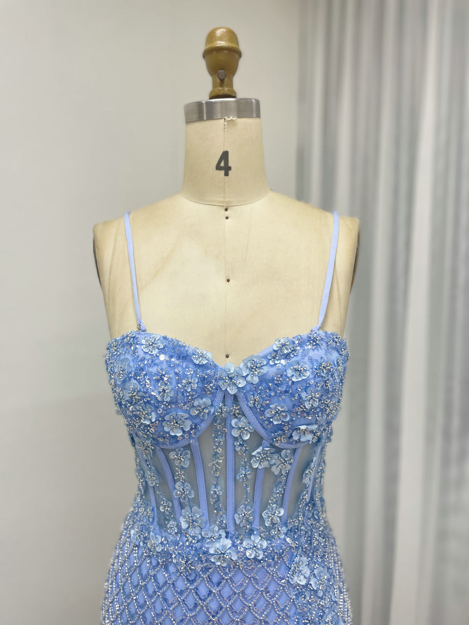 Chic Style Blue Spaghetti Strap With Intricate Beading and 3D Floral Evening Gown for Formal Occasion MB40367