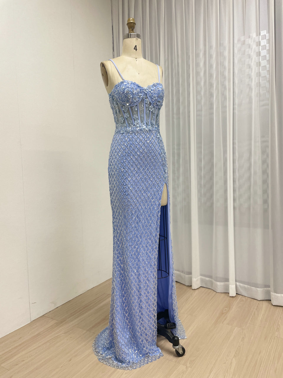 Chic Style Blue Spaghetti Strap With Intricate Beading and 3D Floral Evening Gown for Formal Occasion MB40367