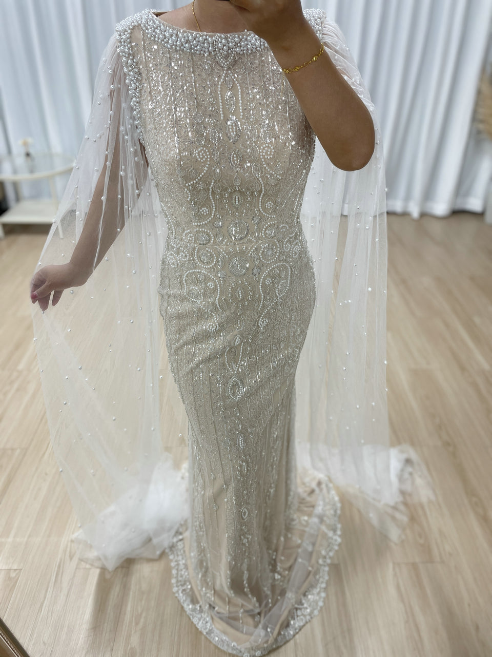 Modest Boat Neck Evening Dress With Elegant Long Sheer Cape Sleeve MB40369