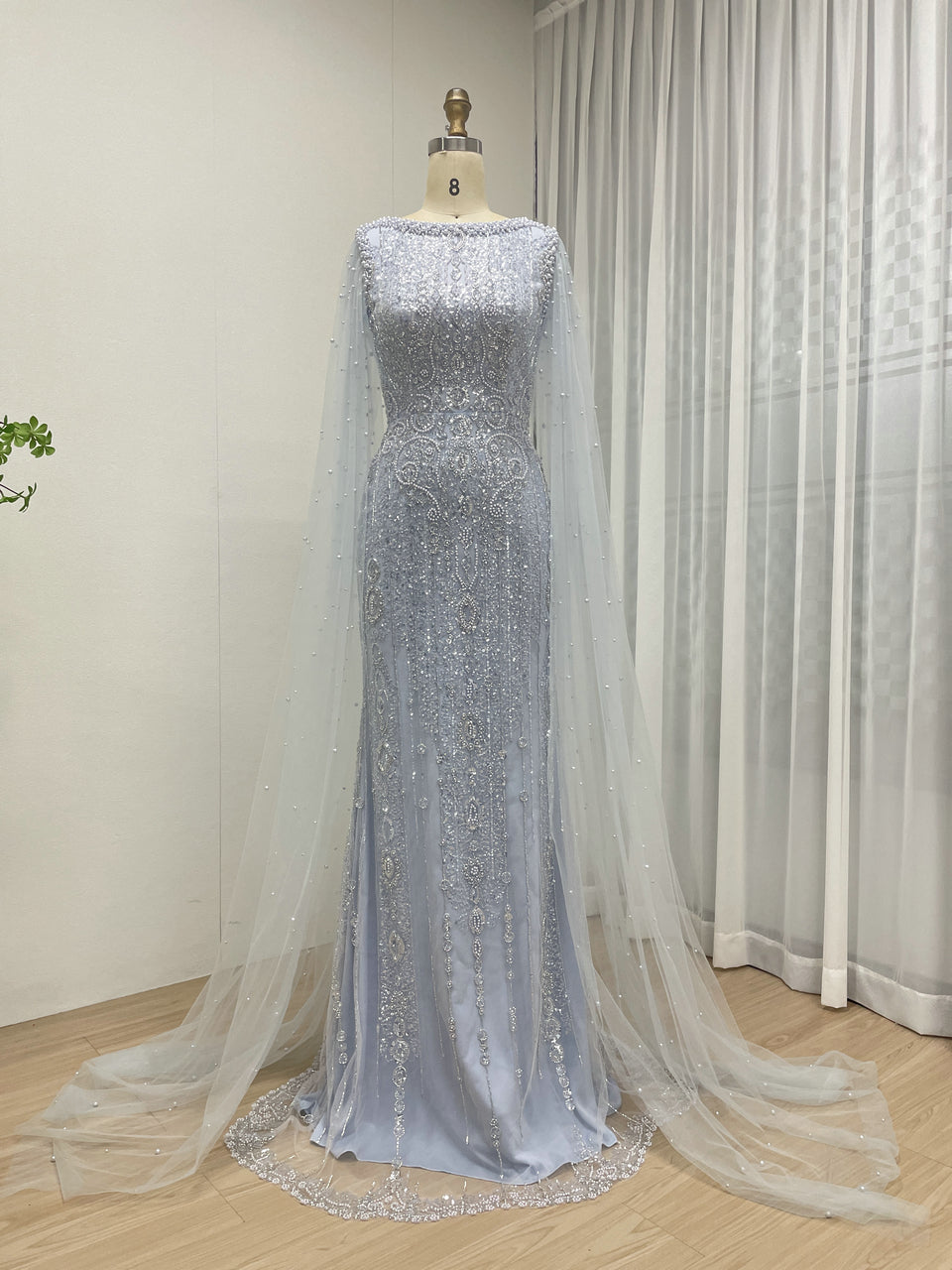 Modest Boat Neck Evening Dress With Elegant Long Sheer Cape Sleeve MB40369