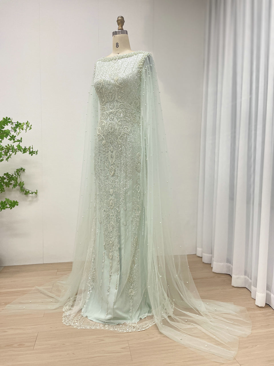 Modest Boat Neck Evening Dress With Elegant Long Sheer Cape Sleeve MB40369