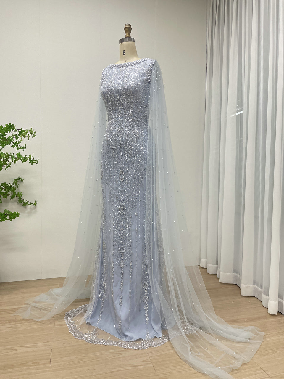 Modest Boat Neck Evening Dress With Elegant Long Sheer Cape Sleeve MB40369