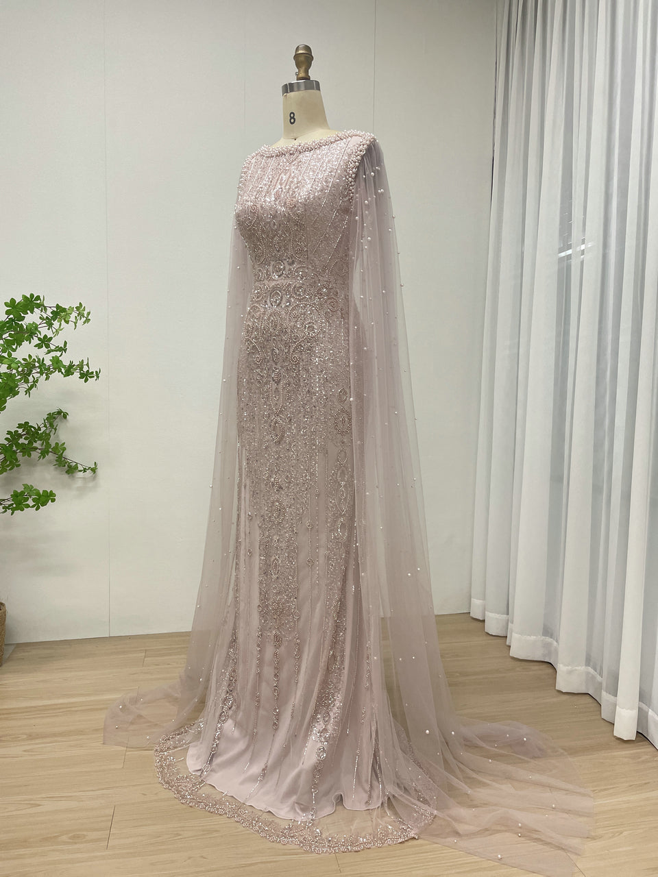 Modest Boat Neck Evening Dress With Elegant Long Sheer Cape Sleeve MB40369