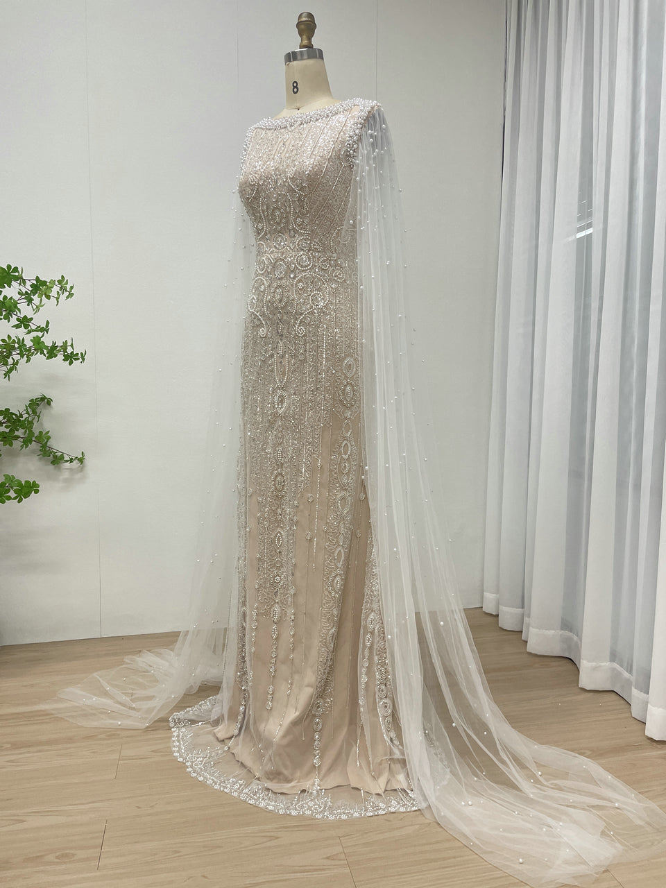 Modest Boat Neck Evening Dress With Elegant Long Sheer Cape Sleeve MB40369