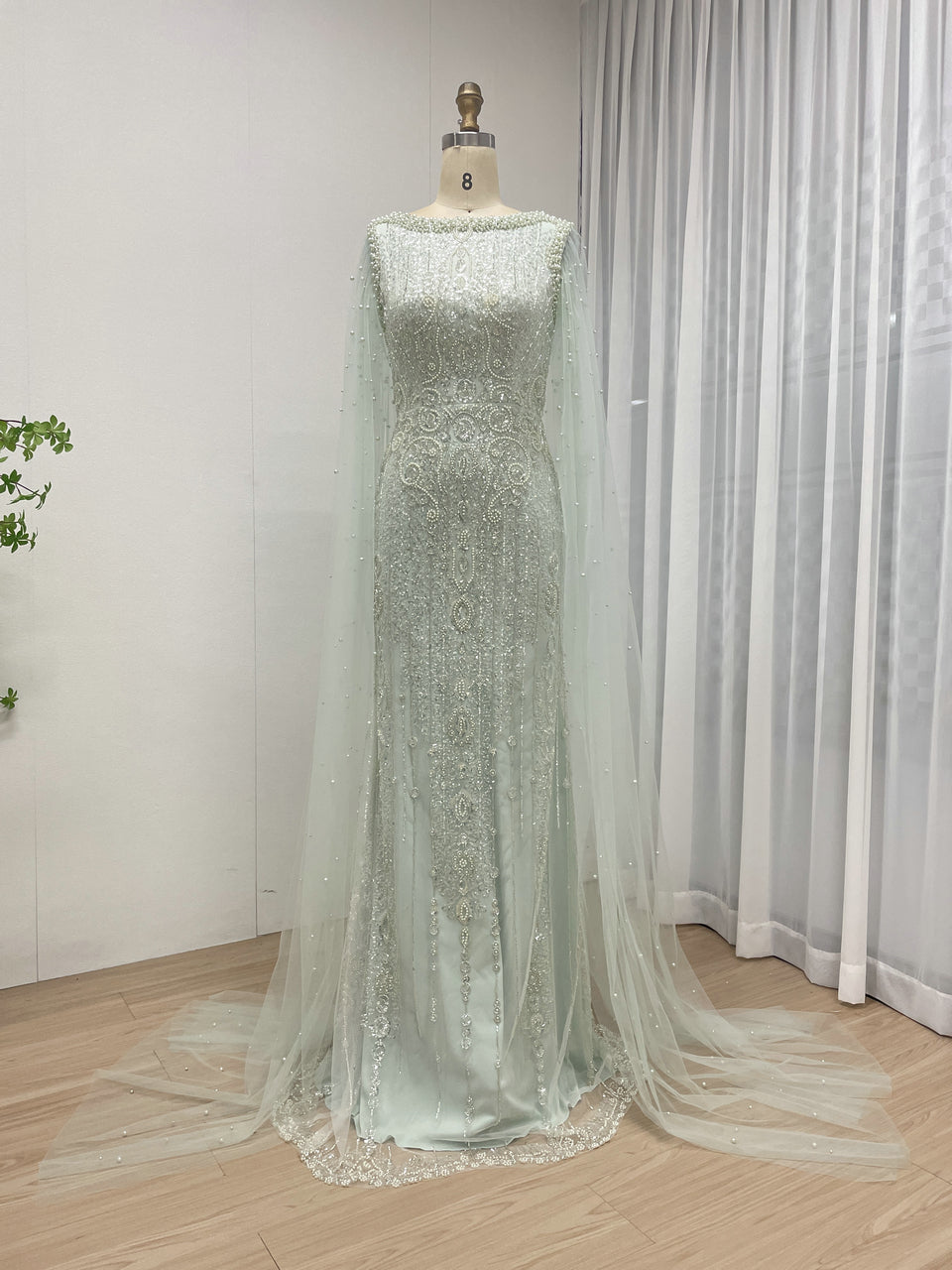 Modest Boat Neck Evening Dress With Elegant Long Sheer Cape Sleeve MB40369
