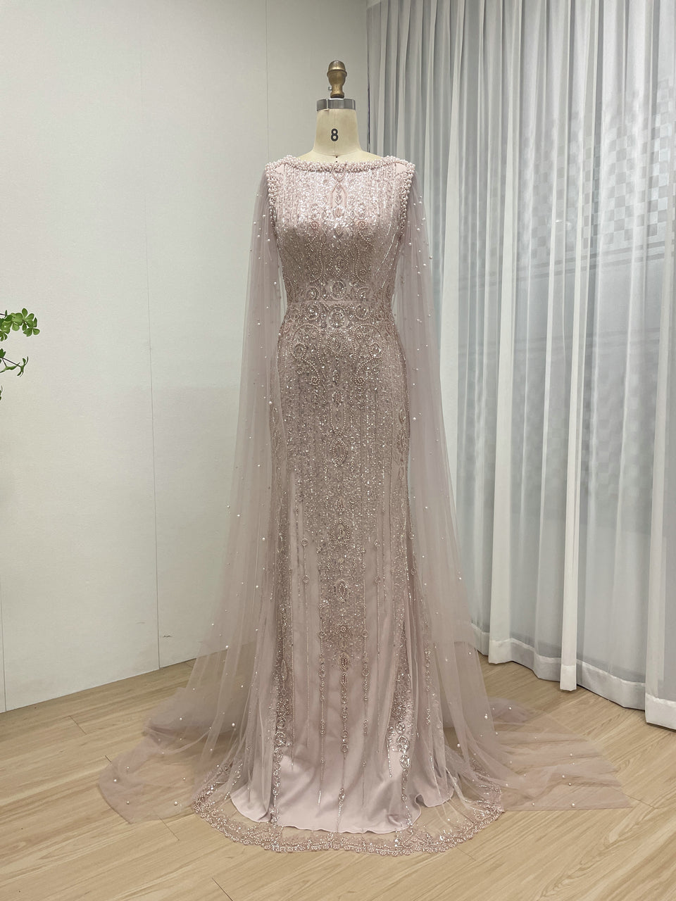 Modest Boat Neck Evening Dress With Elegant Long Sheer Cape Sleeve MB40369