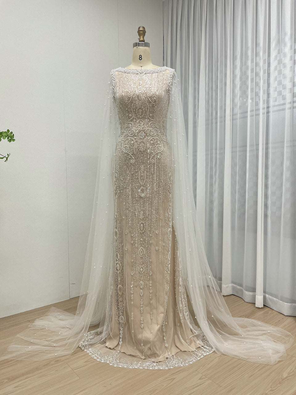 Modest Boat Neck Evening Dress With Elegant Long Sheer Cape Sleeve MB40369