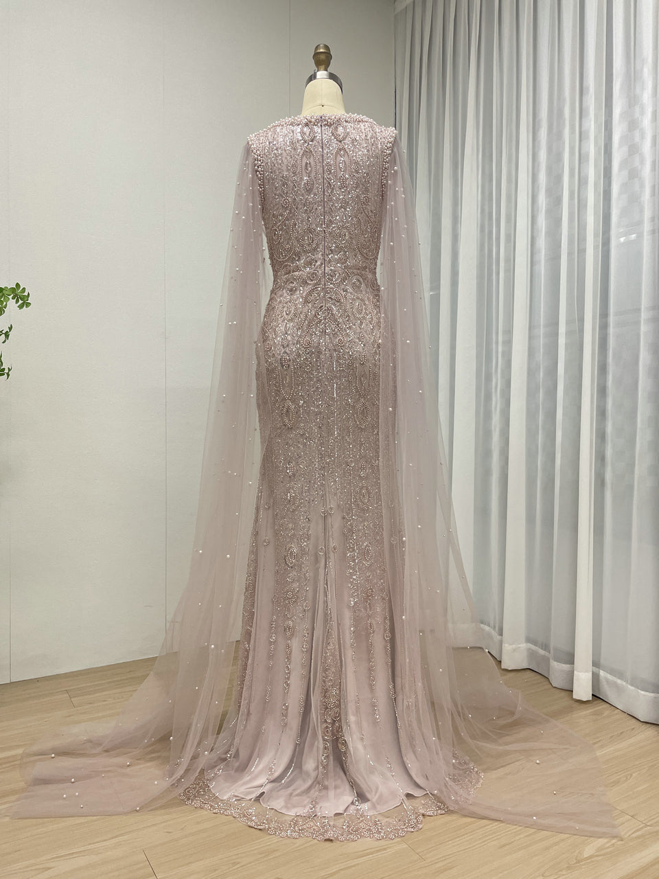Modest Boat Neck Evening Dress With Elegant Long Sheer Cape Sleeve MB40369