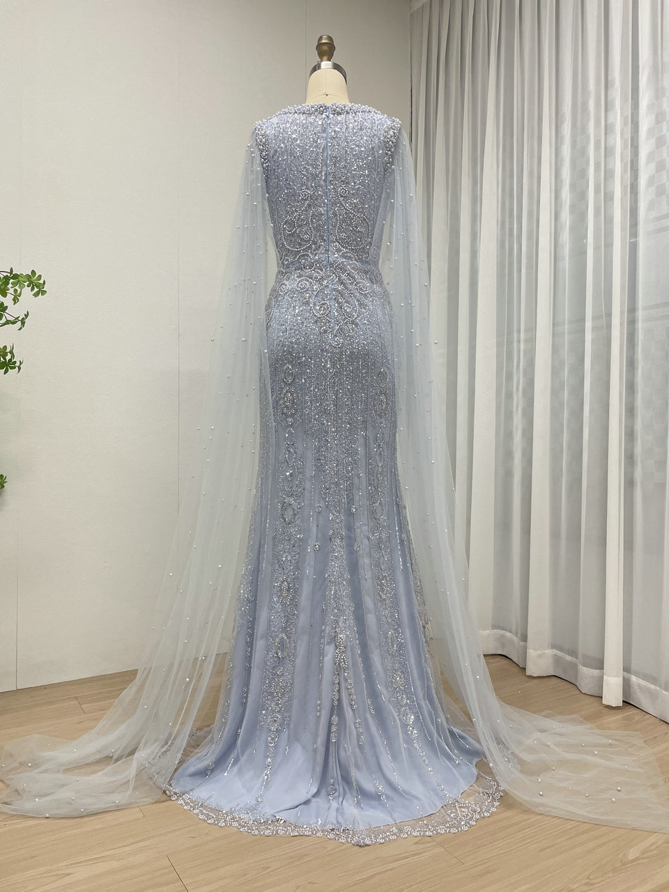 Modest Boat Neck Evening Dress With Elegant Long Sheer Cape Sleeve MB40369