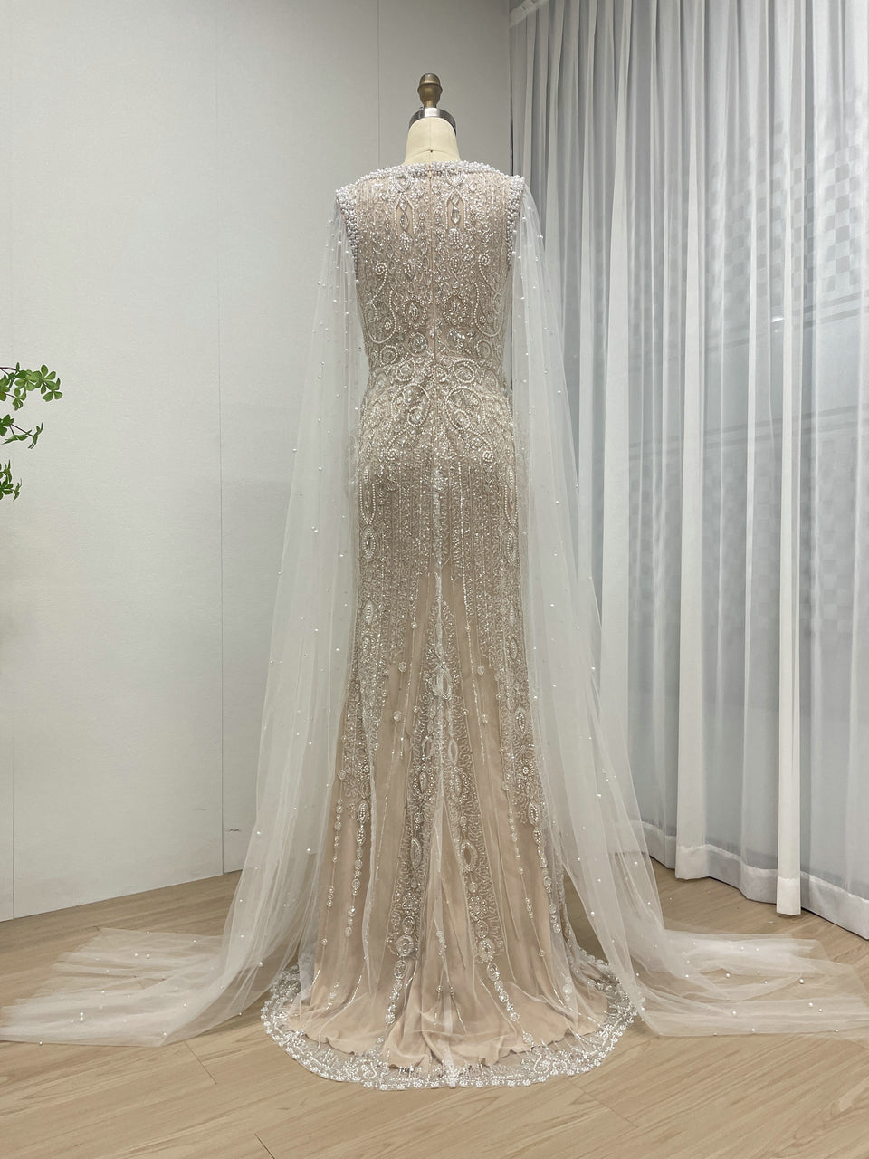 Modest Boat Neck Evening Dress With Elegant Long Sheer Cape Sleeve MB40369