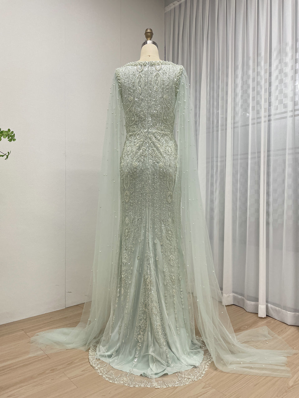 Modest Boat Neck Evening Dress With Elegant Long Sheer Cape Sleeve MB40369