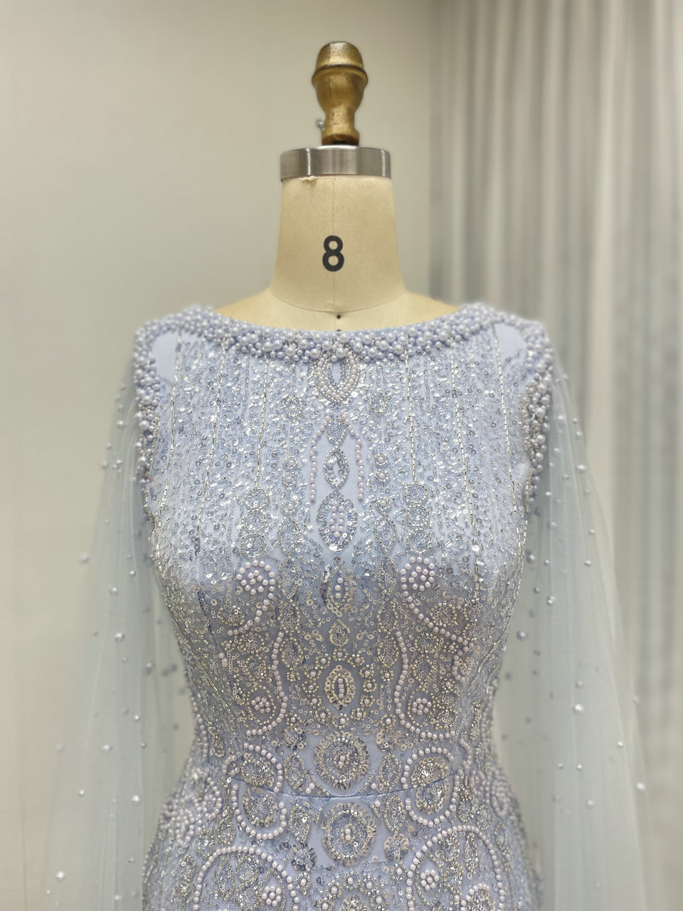 Modest Boat Neck Evening Dress With Elegant Long Sheer Cape Sleeve MB40369
