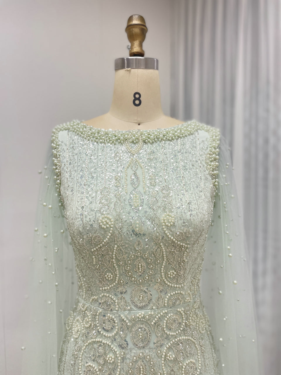 Modest Boat Neck Evening Dress With Elegant Long Sheer Cape Sleeve MB40369