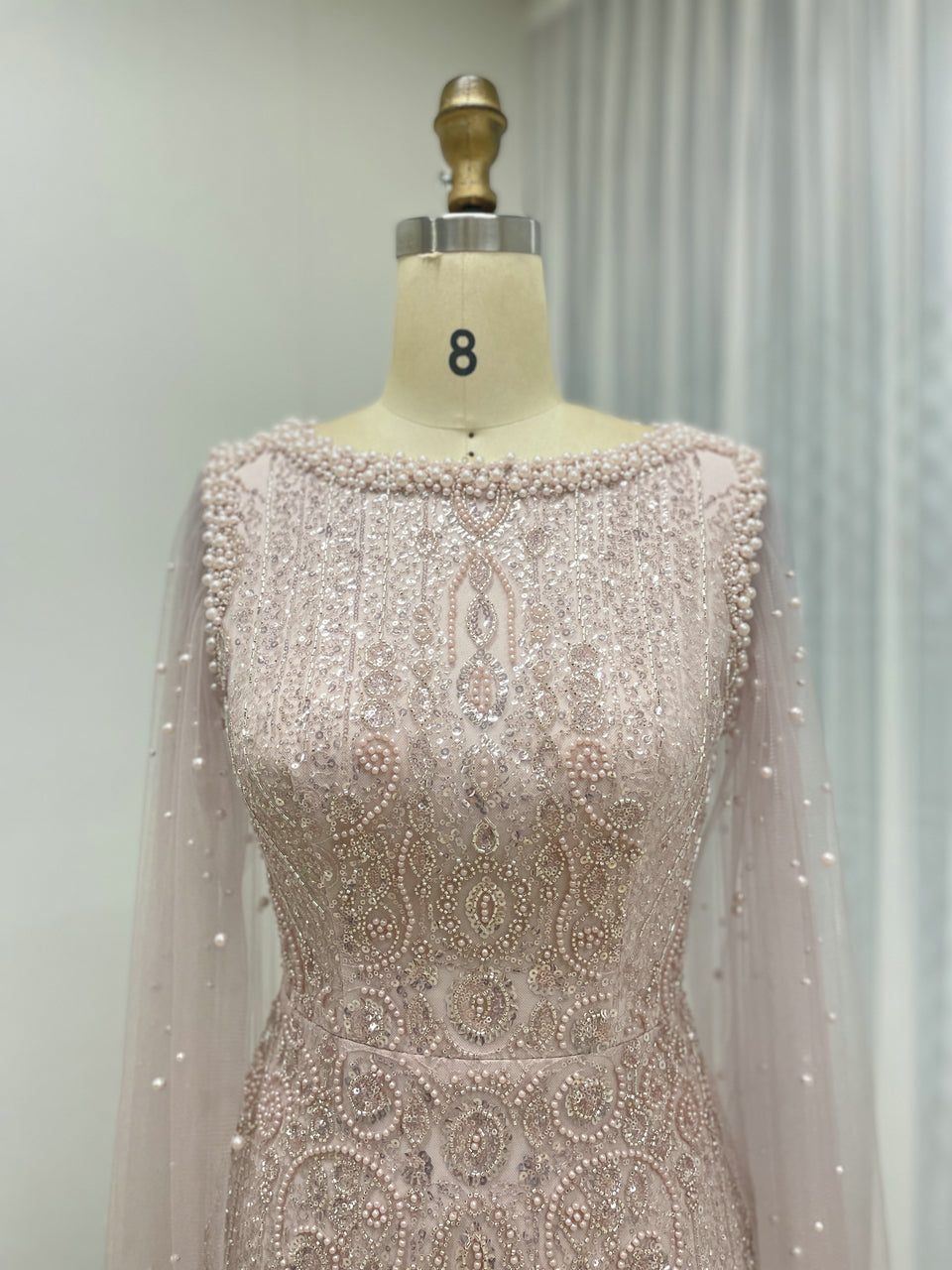 Modest Boat Neck Evening Dress With Elegant Long Sheer Cape Sleeve MB40369