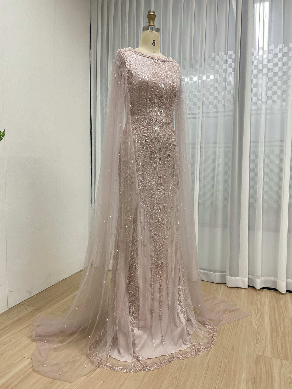 Modest Boat Neck Evening Dress With Elegant Long Sheer Cape Sleeve MB40369