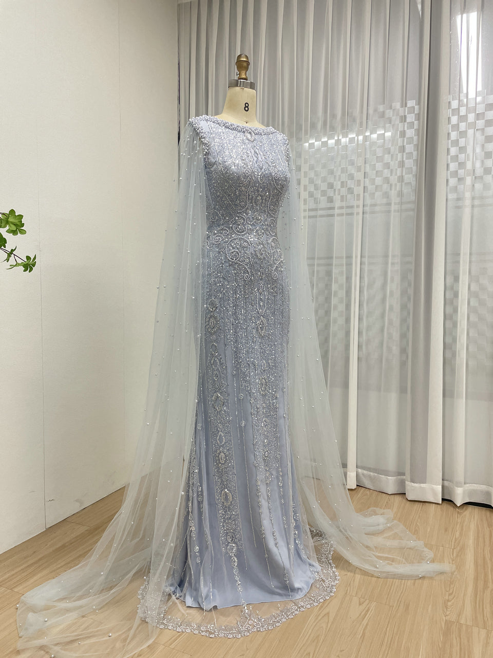 Modest Boat Neck Evening Dress With Elegant Long Sheer Cape Sleeve MB40369