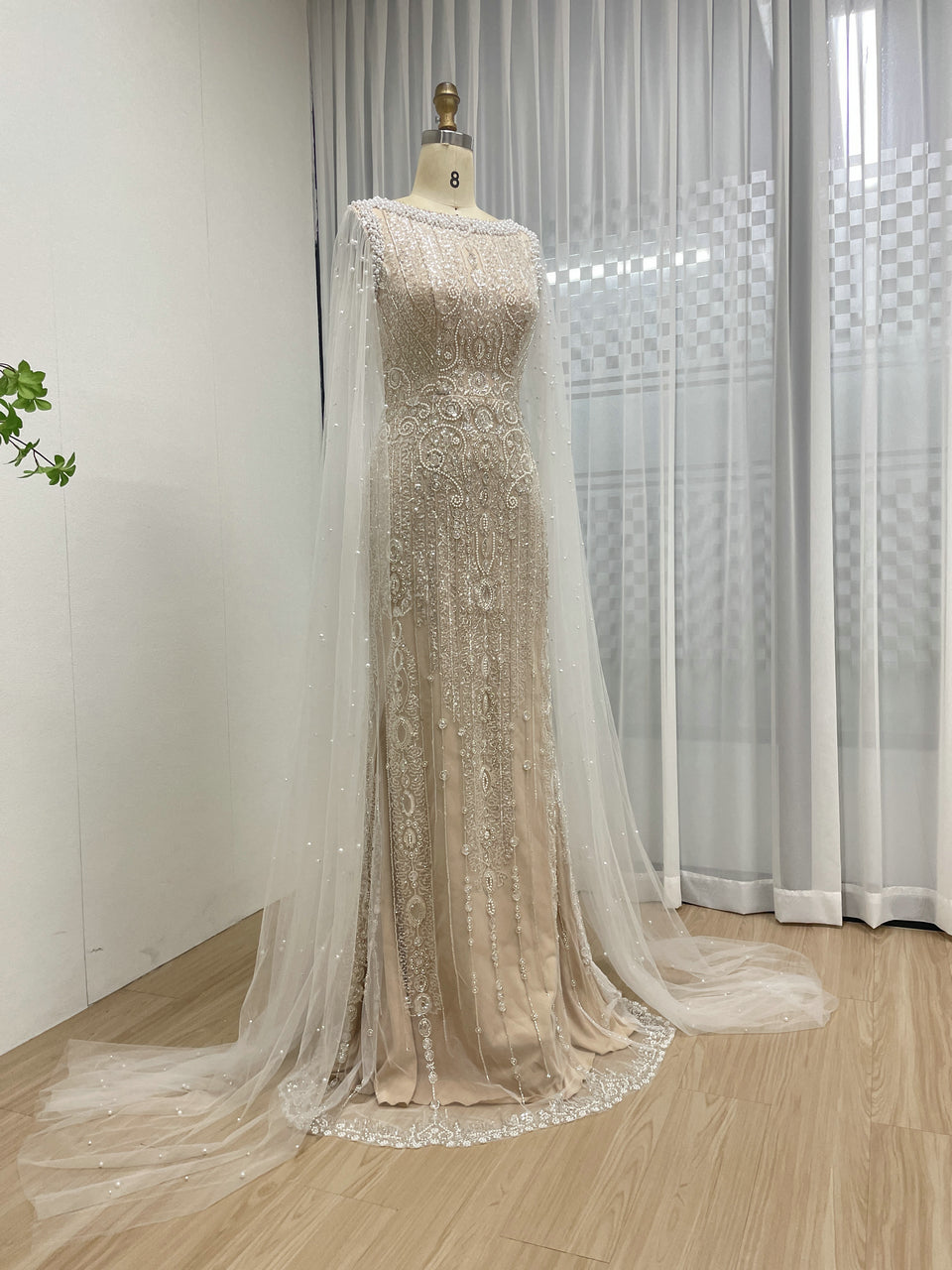 Modest Boat Neck Evening Dress With Elegant Long Sheer Cape Sleeve MB40369