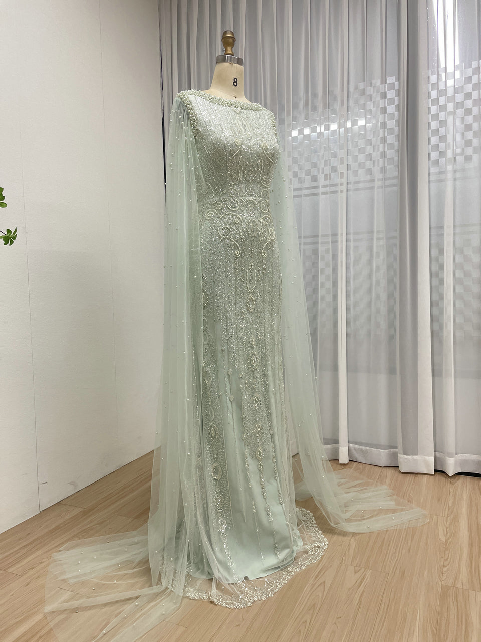 Modest Boat Neck Evening Dress With Elegant Long Sheer Cape Sleeve MB40369