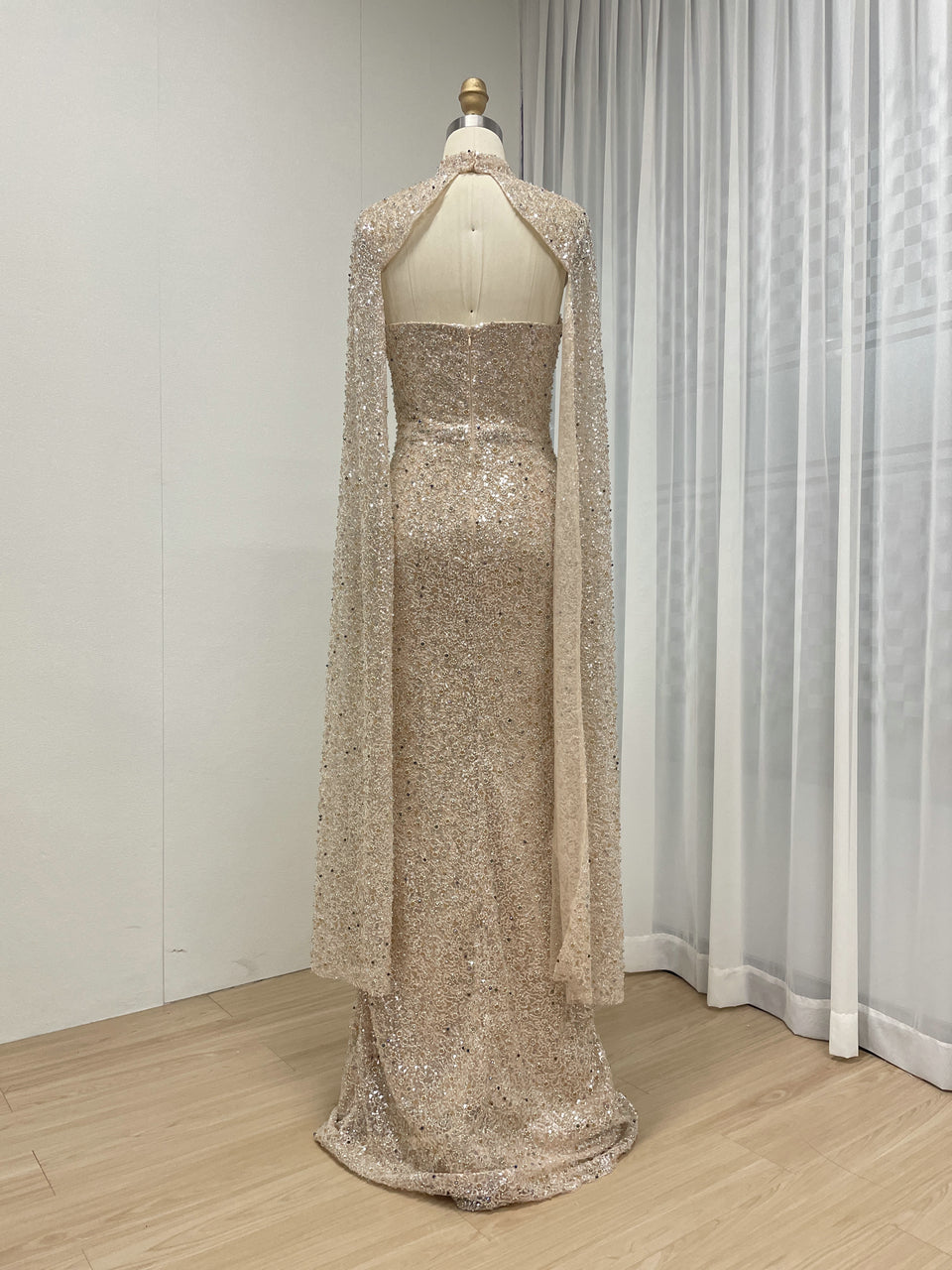 Nude Crystal Beading Cape Sleeve Evening Gown - High Neck Mermaid Prom Dress MB40370