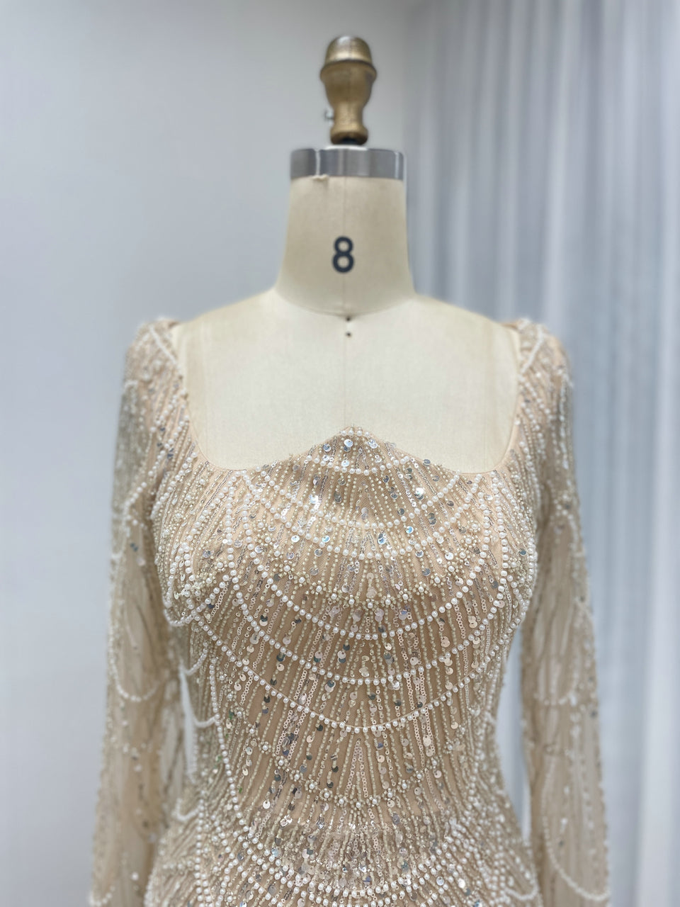 Sexy Sheer Long Sleeves Muslim Evening Dress With Graceful Pearls And Beaded MB40371