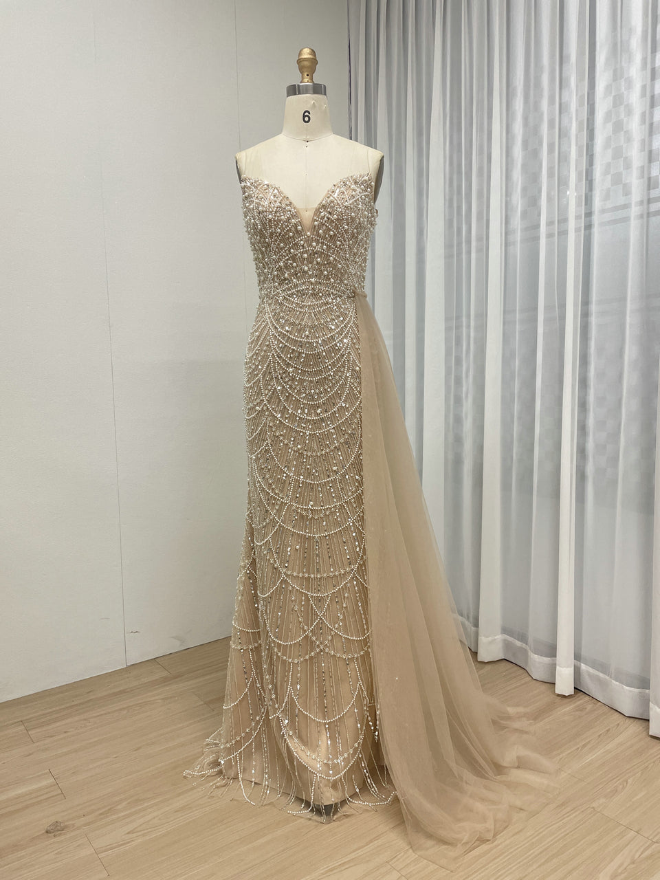 Champagne Luxury Pearls And Beaded Evening Gown For Banquet With Elegant Side Train MB40372