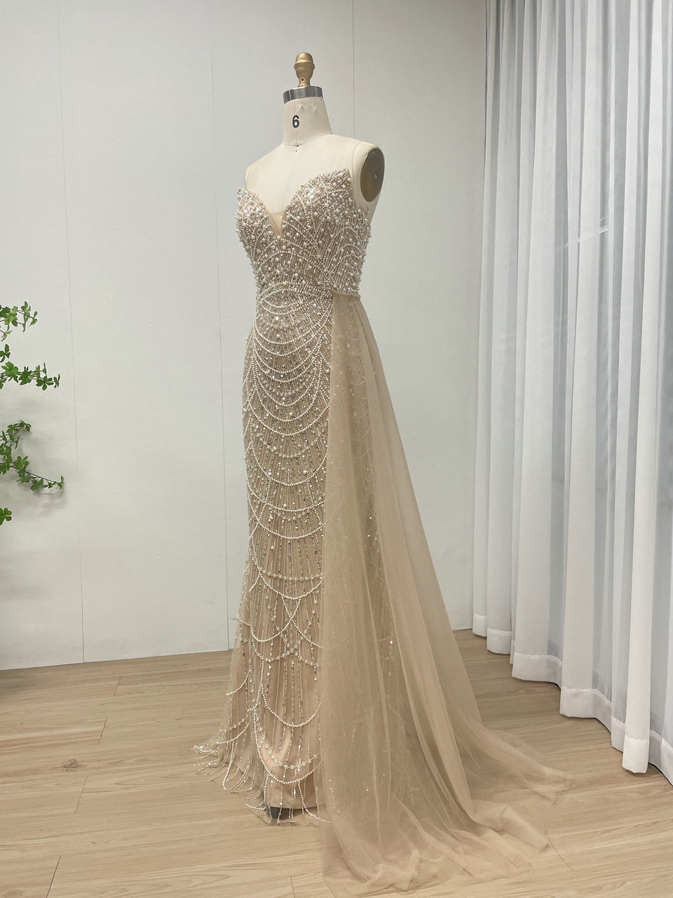 Champagne Luxury Pearls And Beaded Evening Gown For Banquet With Elegant Side Train MB40372