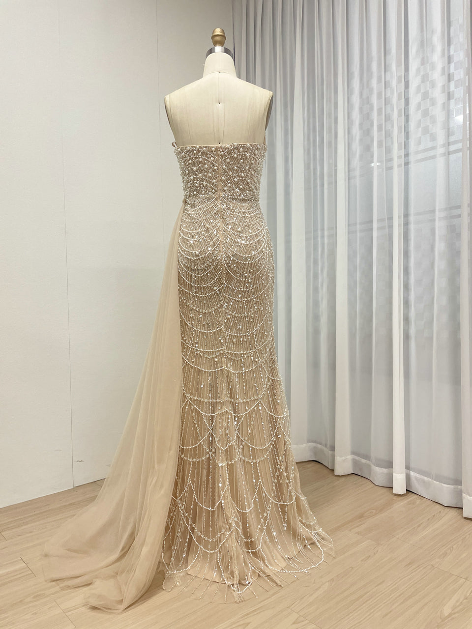 Champagne Luxury Pearls And Beaded Evening Gown For Banquet With Elegant Side Train MB40372