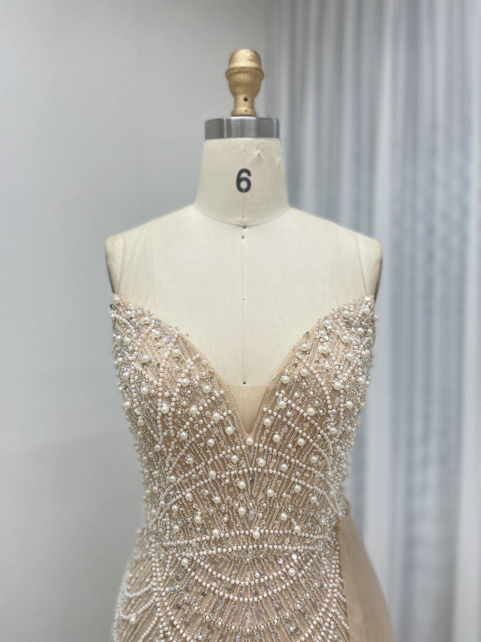 Champagne Luxury Pearls And Beaded Evening Gown For Banquet With Elegant Side Train MB40372
