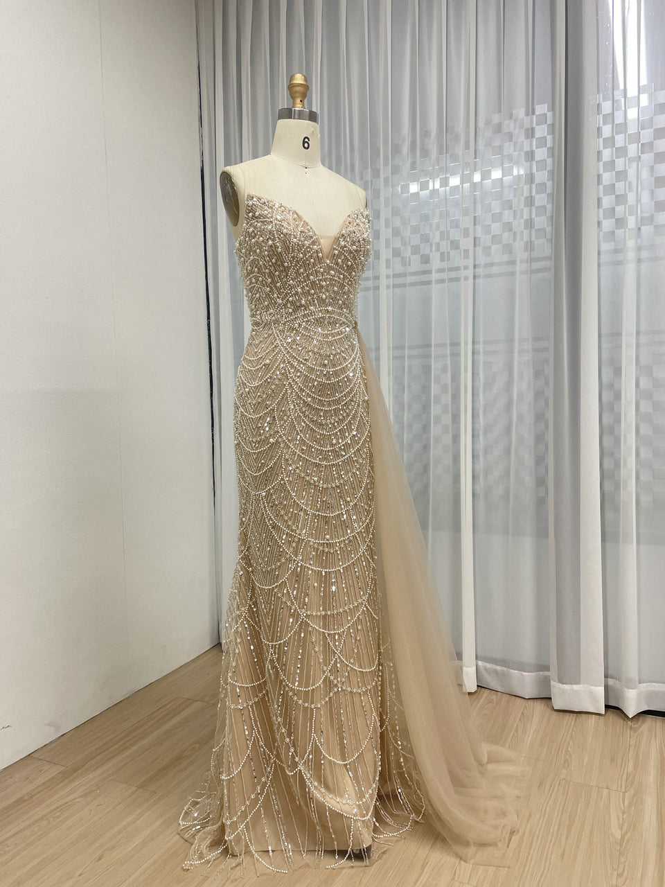 Champagne Luxury Pearls And Beaded Evening Gown For Banquet With Elegant Side Train MB40372