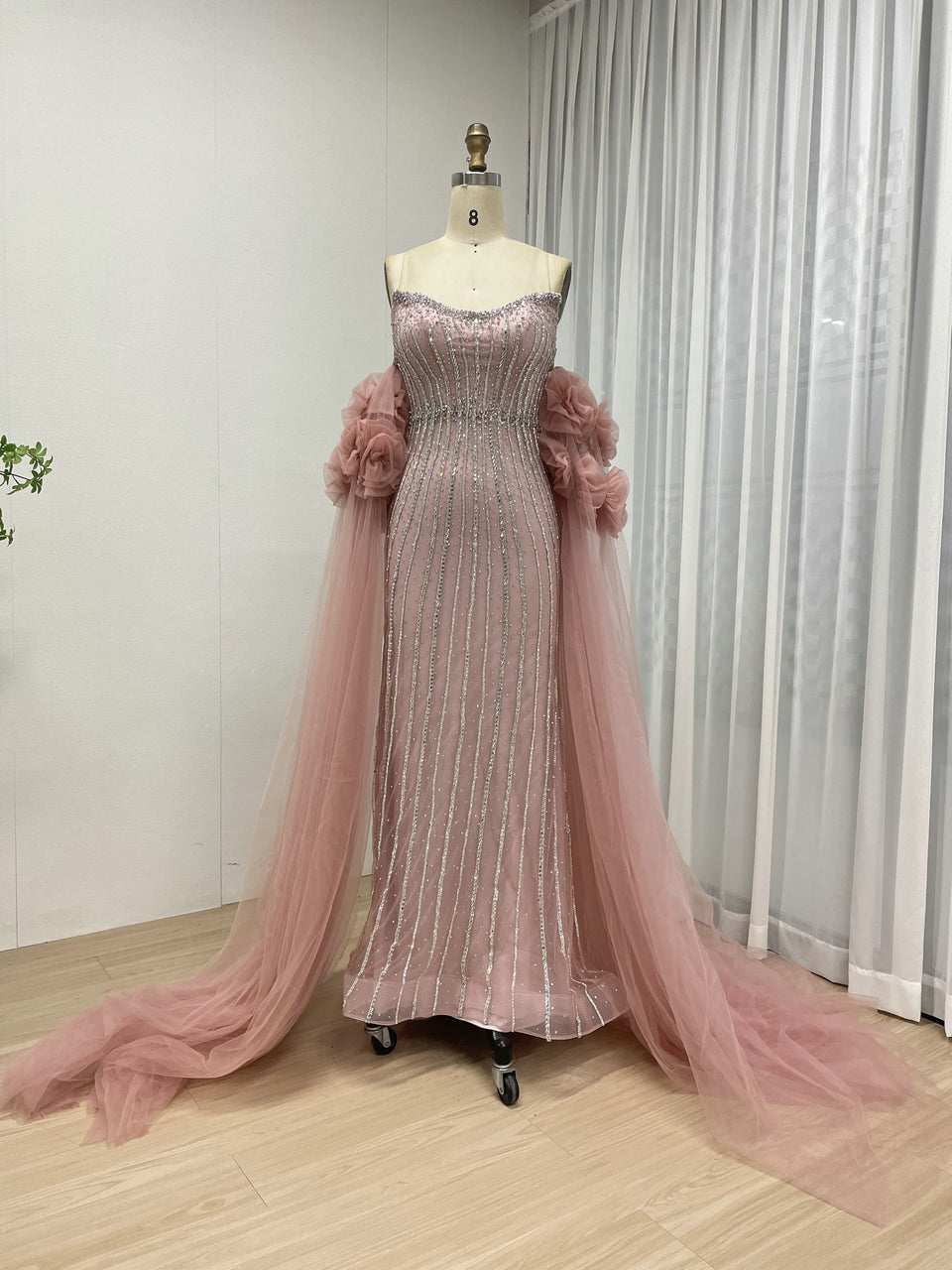 Gorgeous Hand Beading Embroidery Mermaid Evening Gown With Detachable Sleeve MB40374