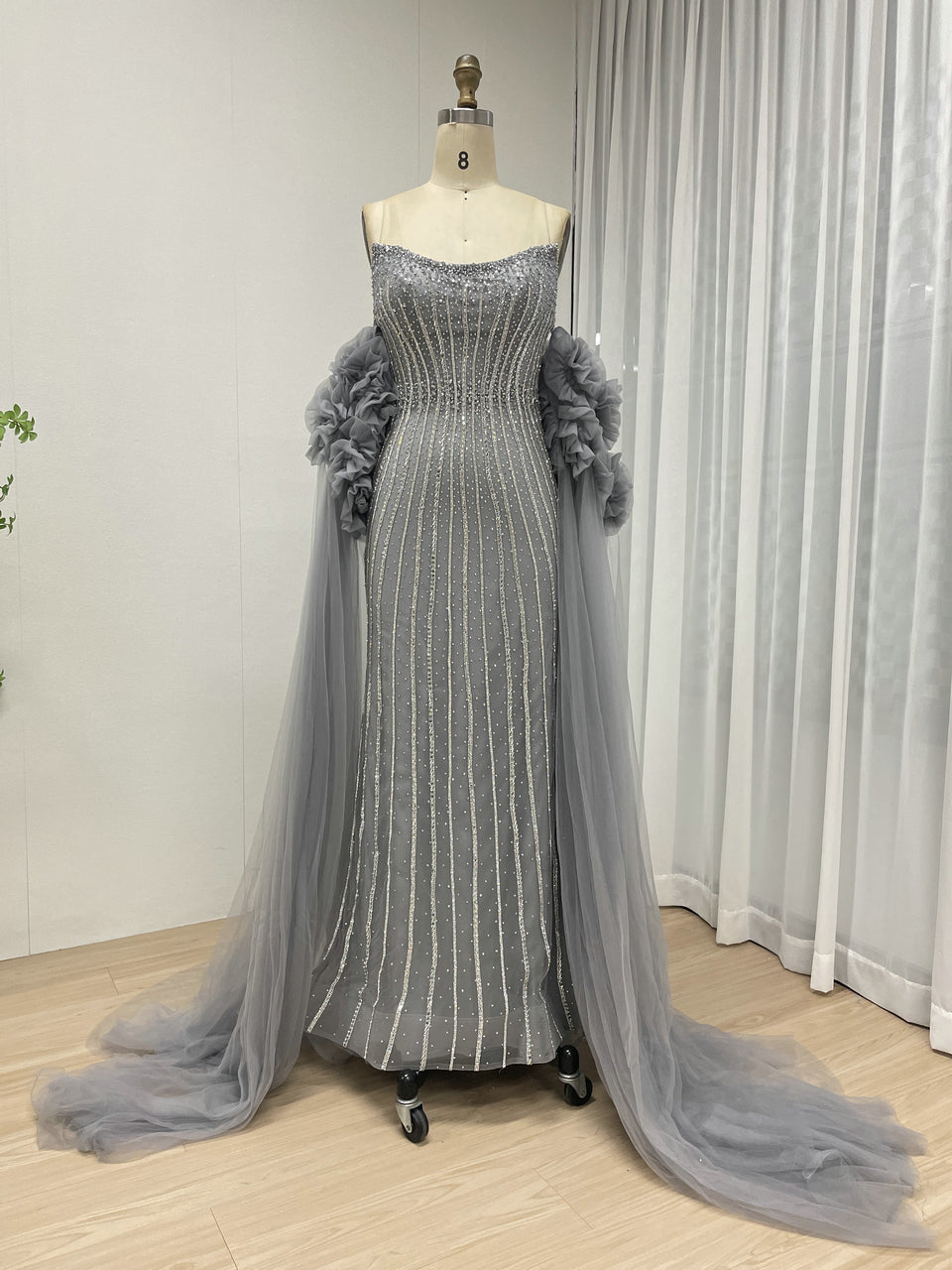 Gorgeous Hand Beading Embroidery Mermaid Evening Gown With Detachable Sleeve MB40374