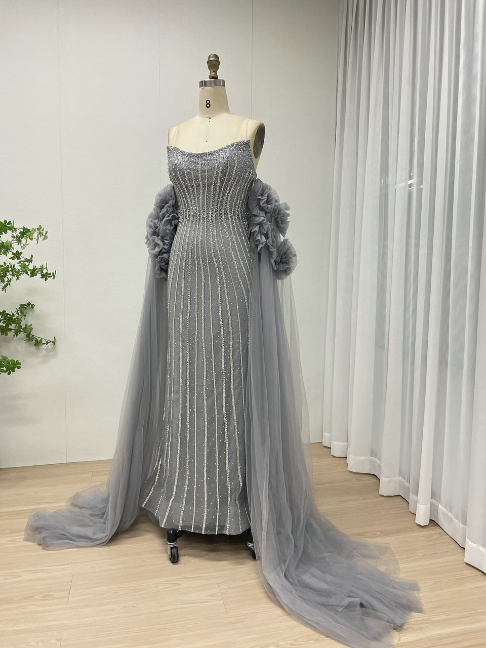 Gorgeous Hand Beading Embroidery Mermaid Evening Gown With Detachable Sleeve MB40374