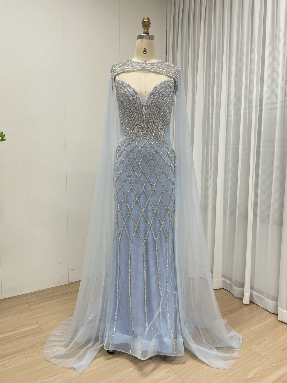 Luxury Mermaid Prom Evening Gown With Elegant Detachable Cap Sleeve MB40376
