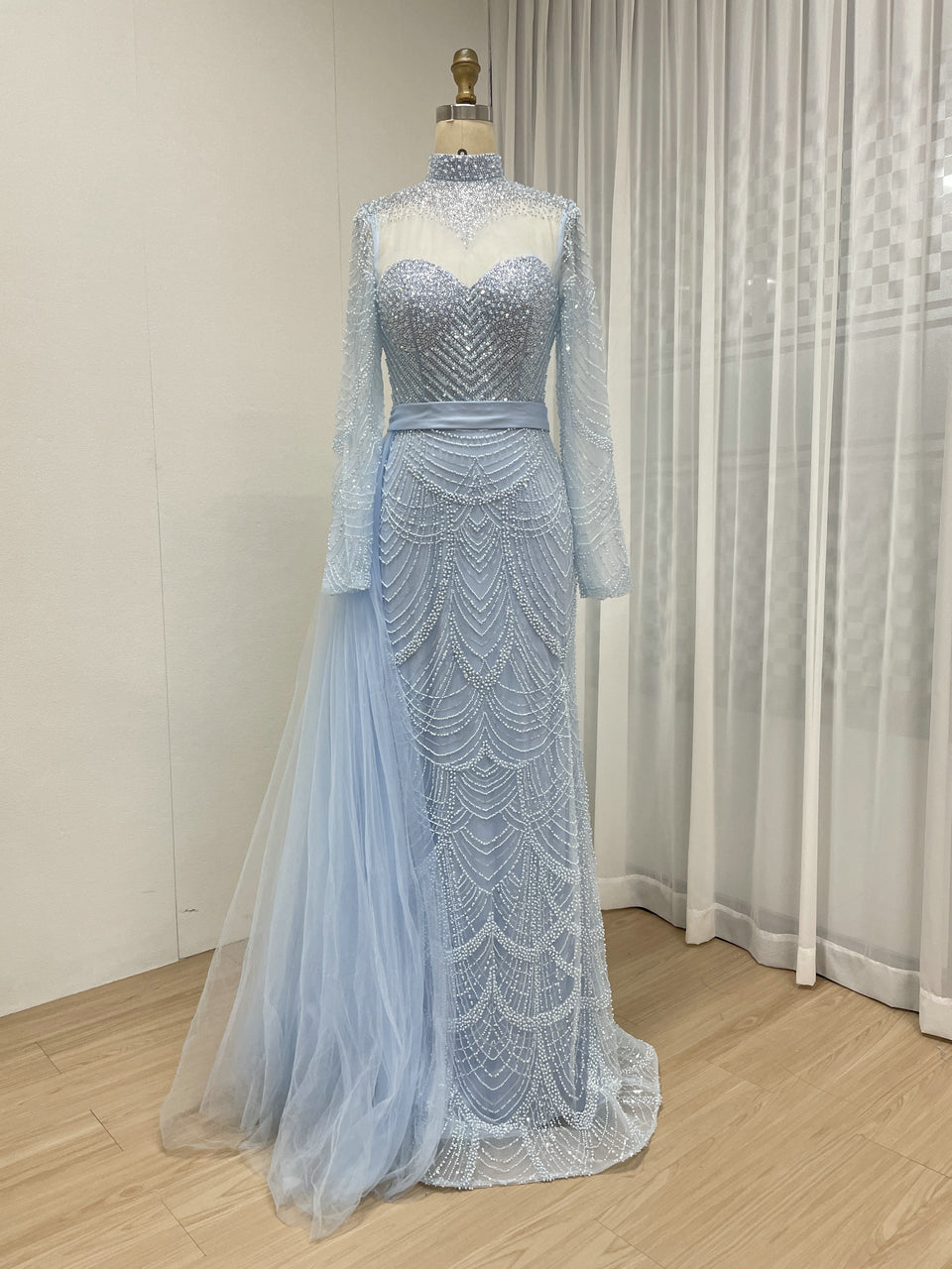Gorgeous Long sleeves Crystal Beading Of The Bride Evening Gown With Elegant Side Skirt MB40378