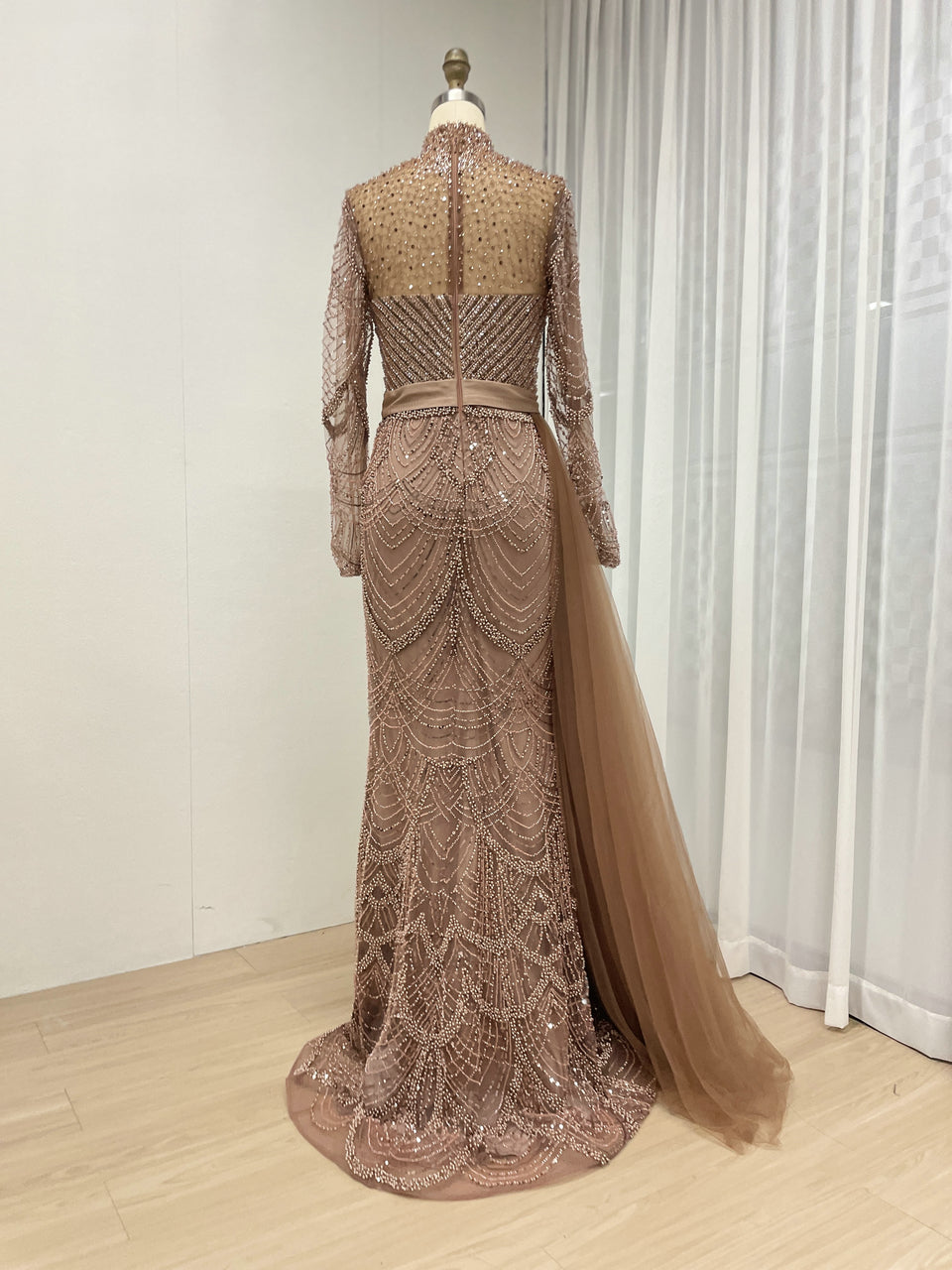 Gorgeous Long sleeves Crystal Beading Of The Bride Evening Gown With Elegant Side Skirt MB40378