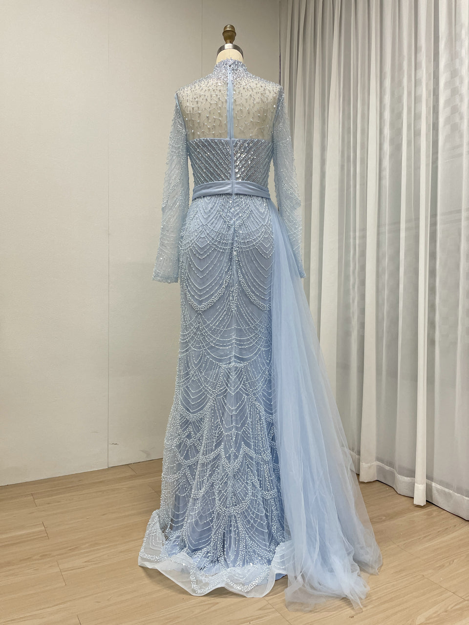 Gorgeous Long sleeves Crystal Beading Of The Bride Evening Gown With Elegant Side Skirt MB40378