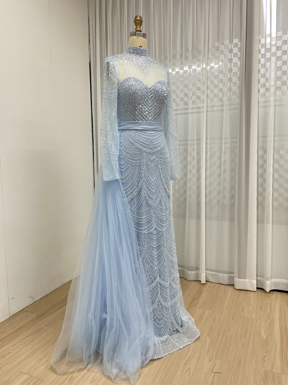 Gorgeous Long sleeves Crystal Beading Of The Bride Evening Gown With Elegant Side Skirt MB40378