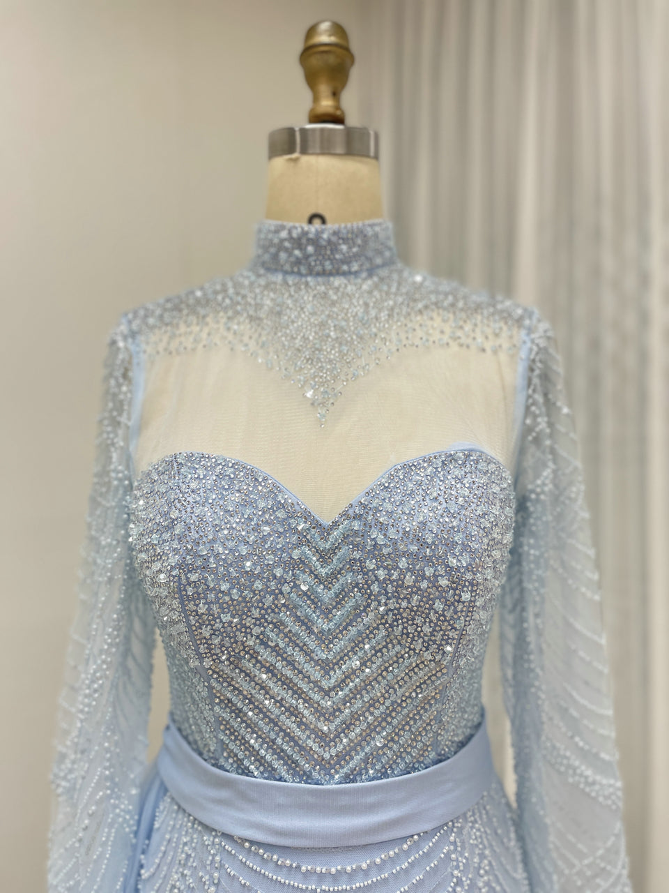Gorgeous Long sleeves Crystal Beading Of The Bride Evening Gown With Elegant Side Skirt MB40378