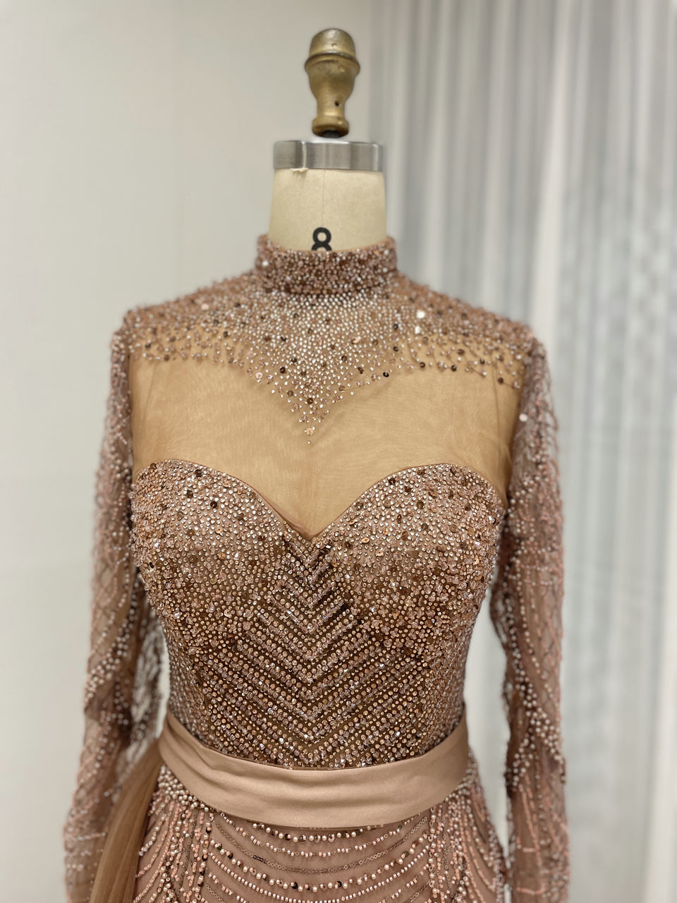 Gorgeous Long sleeves Crystal Beading Of The Bride Evening Gown With Elegant Side Skirt MB40378