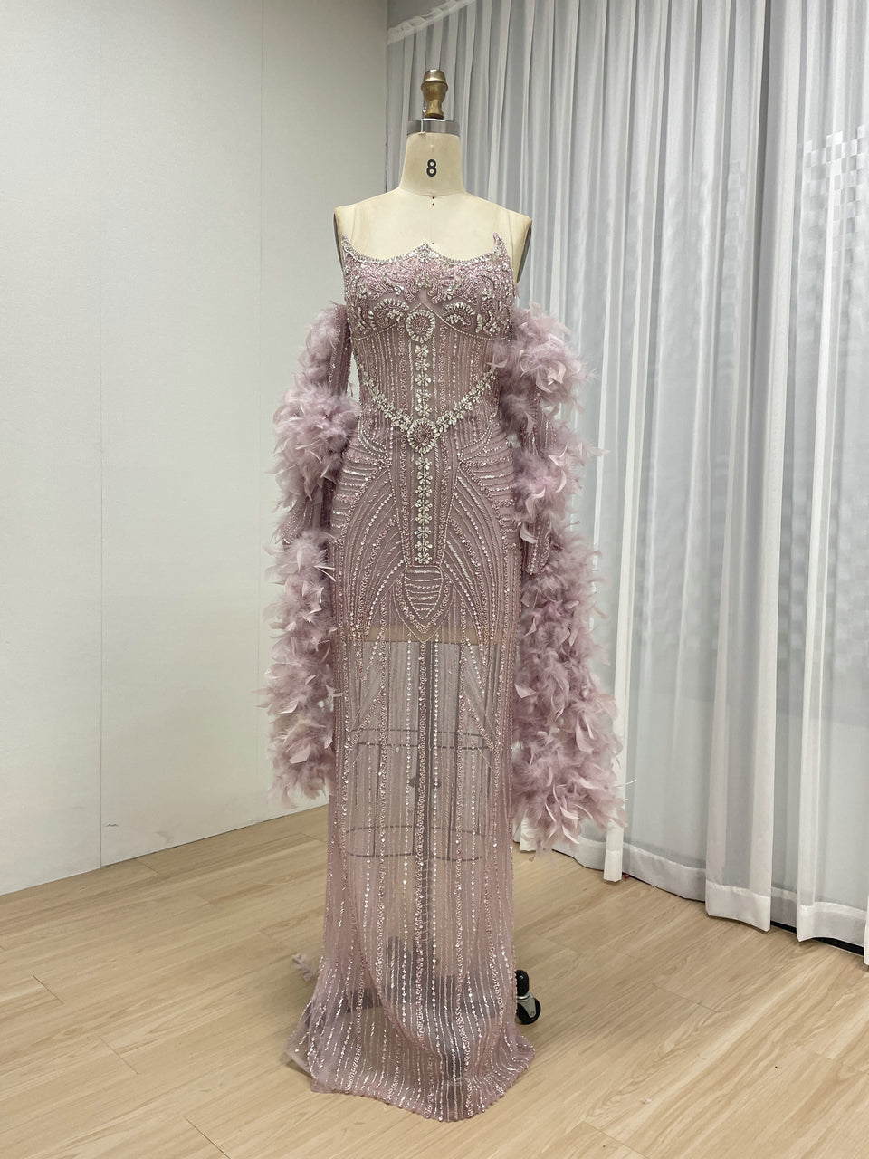 Luxury Feather Sleeve Strapless Couture Beading Knee Length Runway Birthday Party Dress MB40384