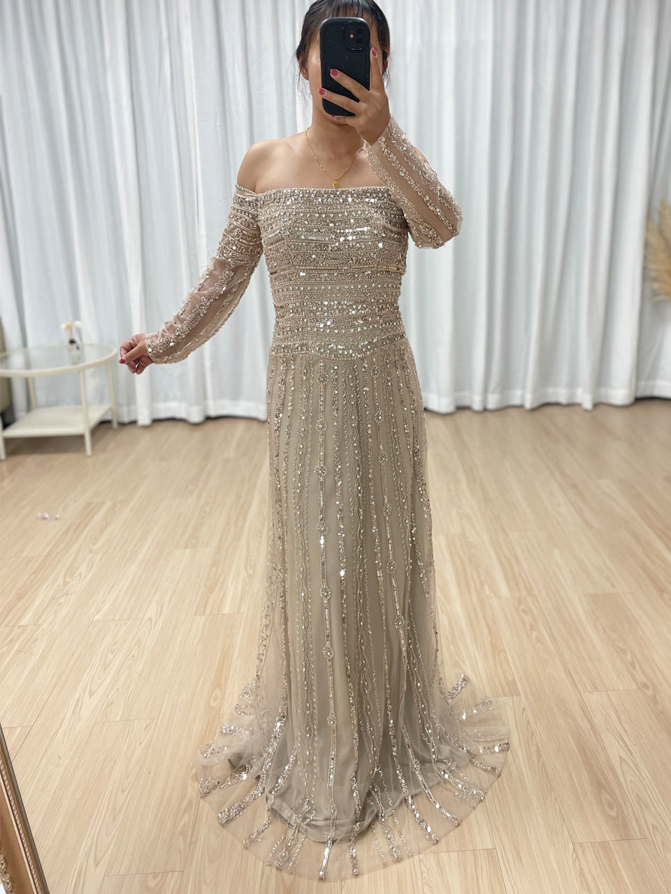 Glamorous Off Shoulder Haute Couture Long Sleeve Evening Dress A Line Skirt MB40385