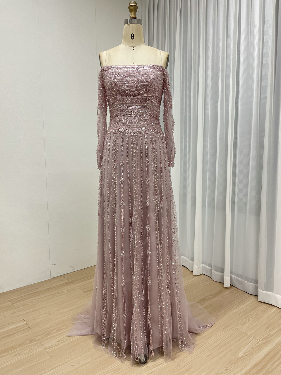 Glamorous Off Shoulder Haute Couture Long Sleeve Evening Dress A Line Skirt MB40385
