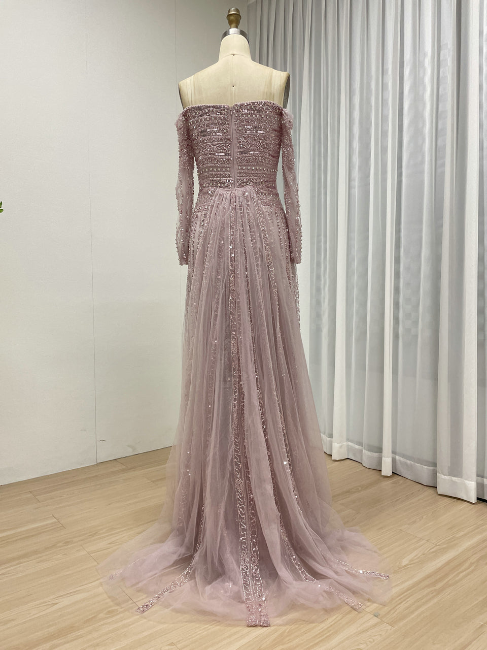 Glamorous Off Shoulder Haute Couture Long Sleeve Evening Dress A Line Skirt MB40385