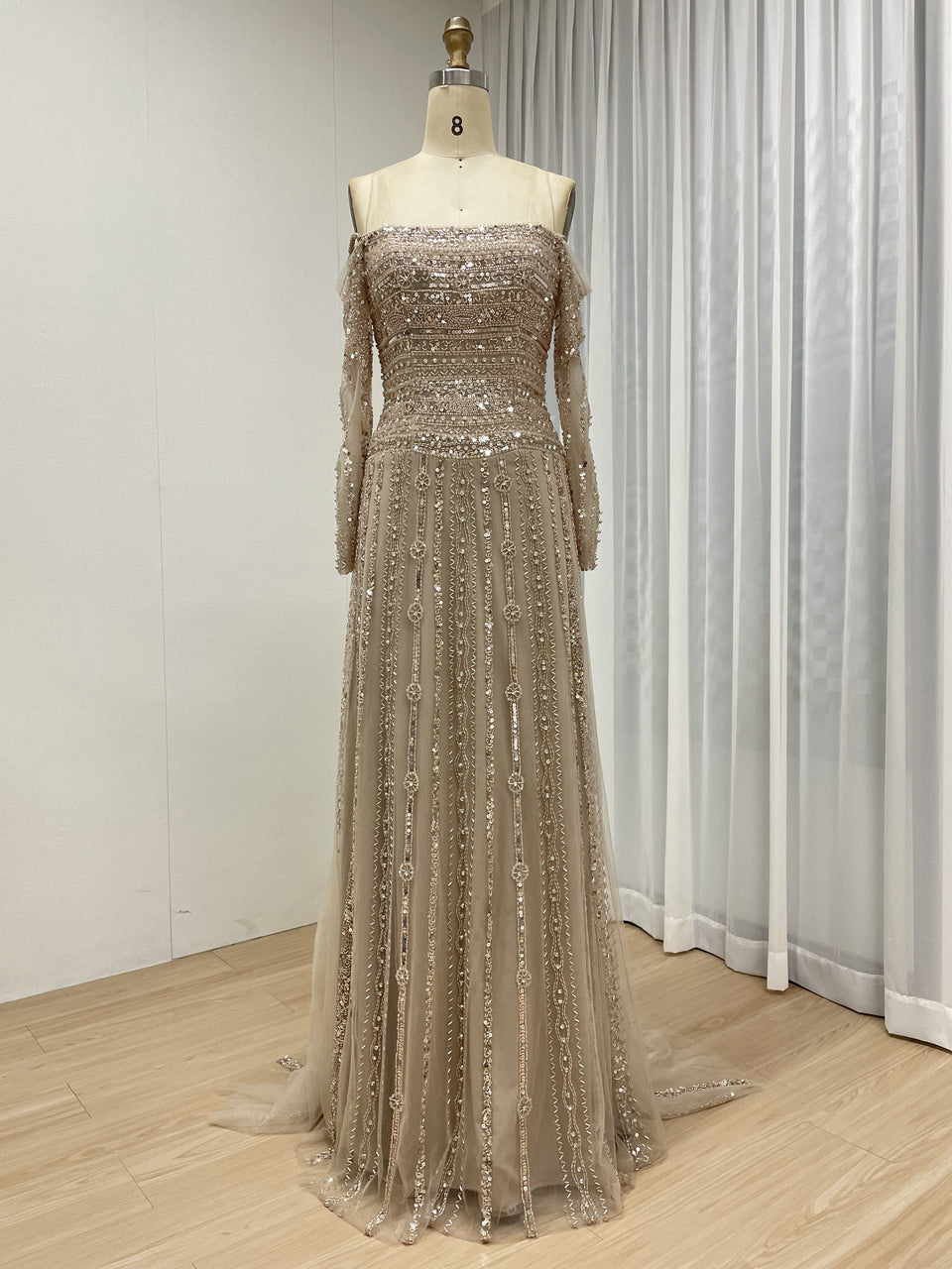Glamorous Off Shoulder Haute Couture Long Sleeve Evening Dress A Line Skirt MB40385