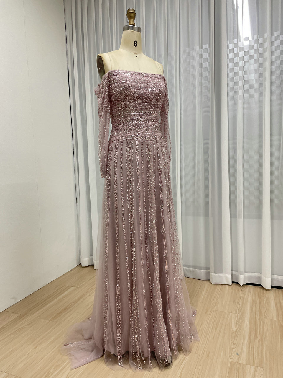 Glamorous Off Shoulder Haute Couture Long Sleeve Evening Dress A Line Skirt MB40385