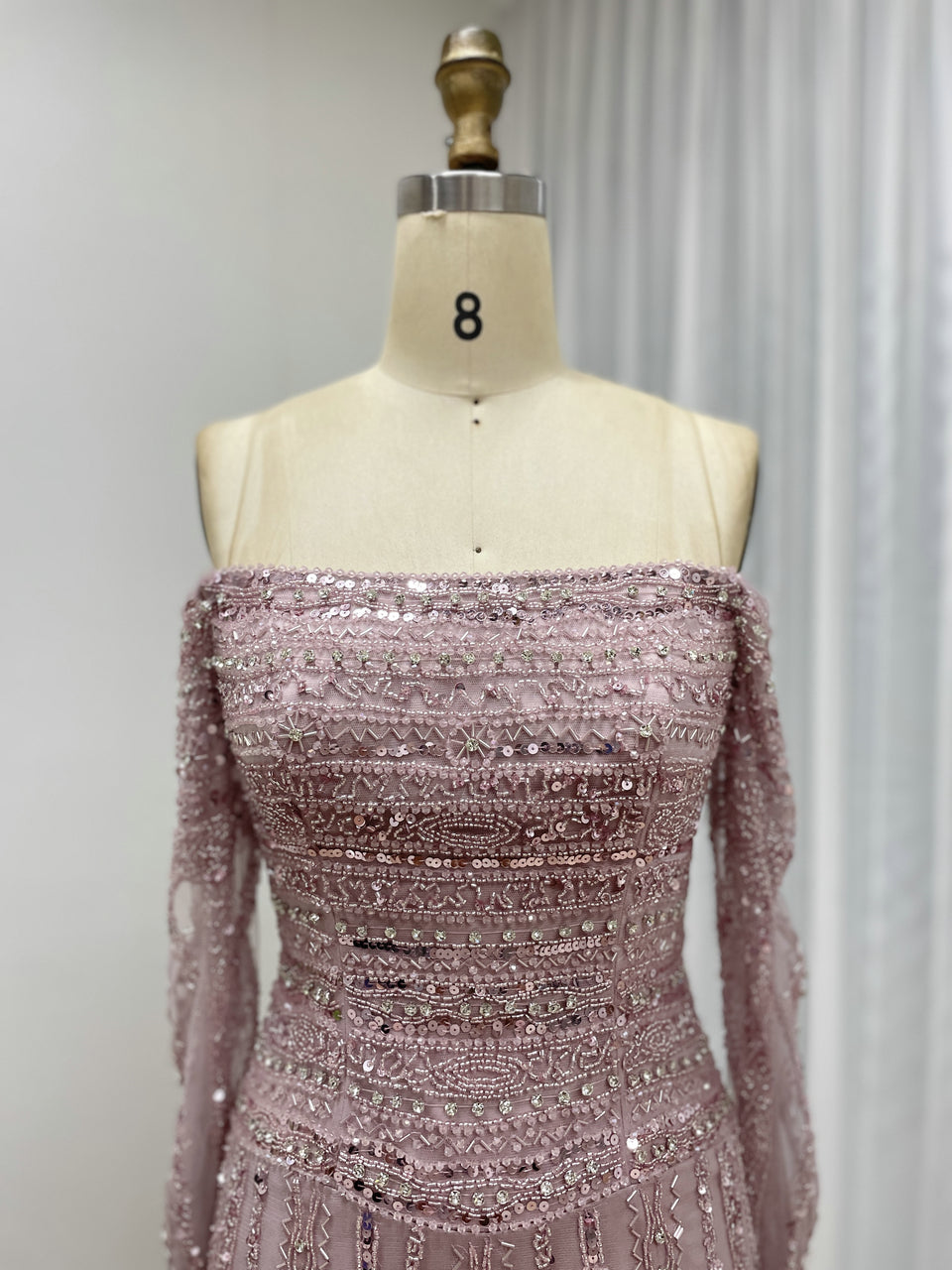 Glamorous Off Shoulder Haute Couture Long Sleeve Evening Dress A Line Skirt MB40385