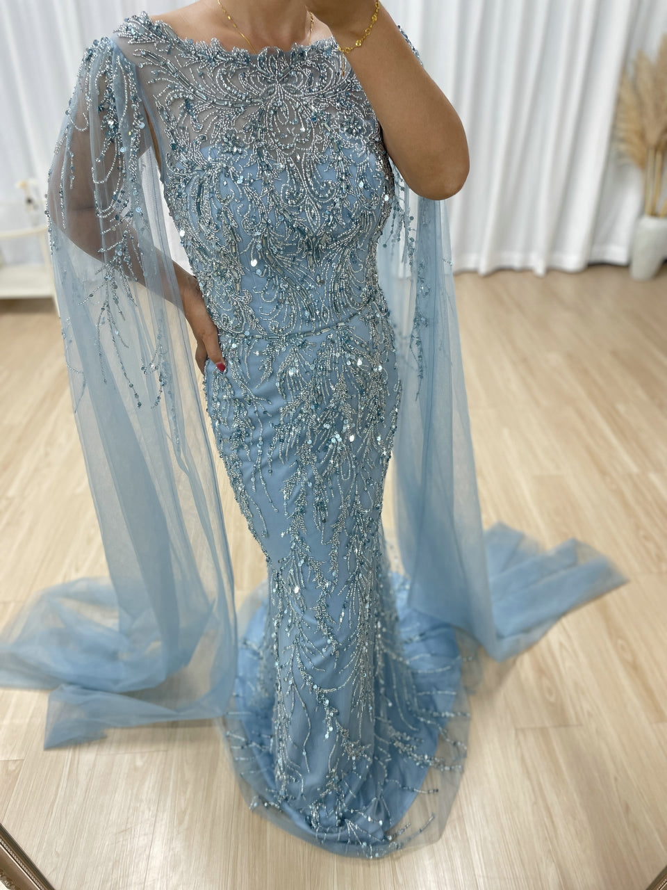 Hot Selling Boat Neck Handmade Beading Cape Long Sleeve Wedding Party Evening Dress MB40386
